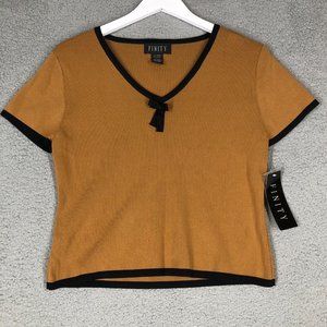 NEW Finity Women's Large Blouse Crop Y2K Bow Stretch Short Sleeves V-Neck Brown
